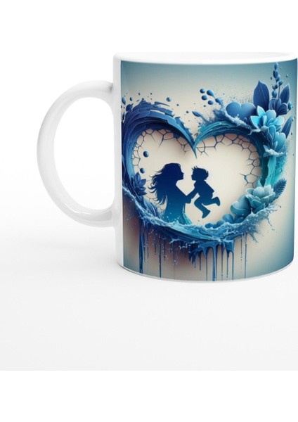Kırık Kalp Çerçeveli Mavi Yapraklı Anne ve Çocuk Kupa Bardak