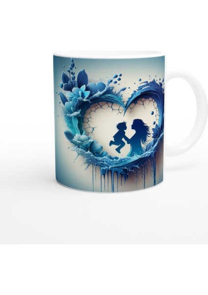 Kırık Kalp Çerçeveli Mavi Yapraklı Anne ve Çocuk Kupa Bardak fiyatları