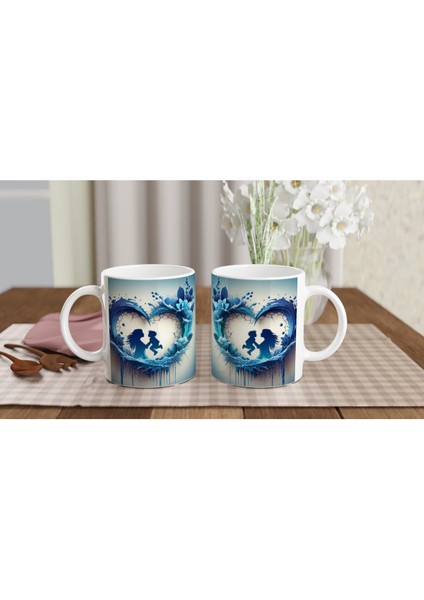 Kırık Kalp Çerçeveli Mavi Yapraklı Anne ve Çocuk Kupa Bardak fırsatları