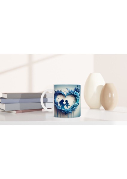 Kırık Kalp Çerçeveli Mavi Yapraklı Anne ve Çocuk Kupa Bardak indirimleri