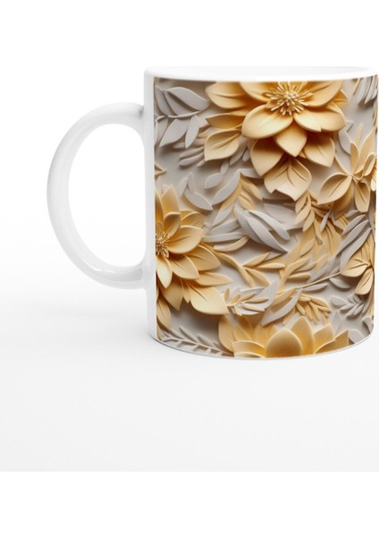 Sarı Tonlarda Işıltılı Rölyef Çiçekli Kupa Bardak