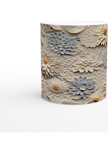 Vanilya ve Buz Grisi Rölyef Çiçek Desenli Kupa Bardak fiyatları