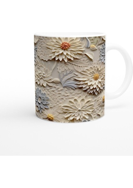 Vanilya ve Buz Grisi Rölyef Çiçek Desenli Kupa Bardak modelleri