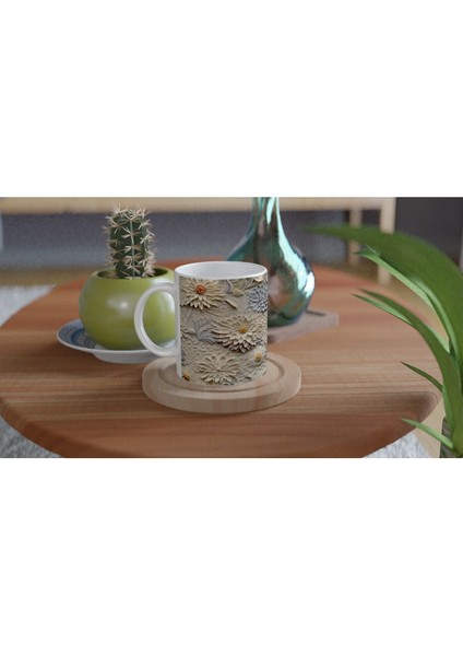 Vanilya ve Buz Grisi Rölyef Çiçek Desenli Kupa Bardak fırsatları