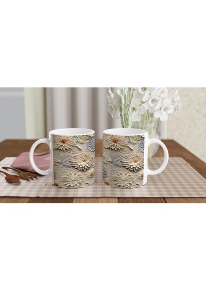 Vanilya ve Buz Grisi Rölyef Çiçek Desenli Kupa Bardak indirimleri