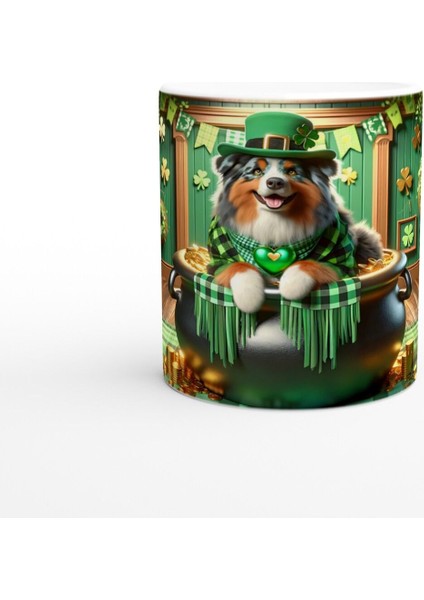 Leprechaun Şapkalı Avustralya Çoban Köpeği Temalı Baskılı Kupa Bardak