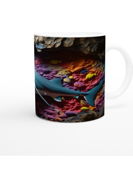 Renk Geçişli Zemin Üzerinde Köpekbalığı Su Altı Temalı Kupa Bardak modelleri