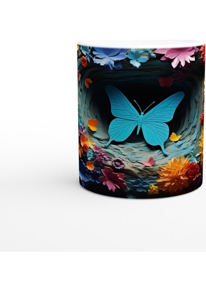 Çiçekler Bahçesinde Parlayan Mavi Kelebek Baskılı Kupa Bardak