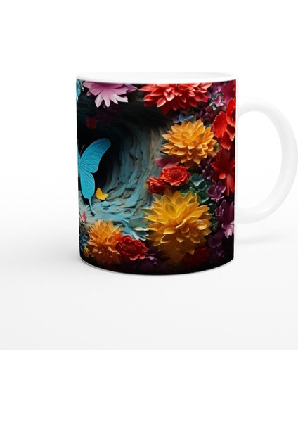 Çiçekler Bahçesinde Parlayan Mavi Kelebek Baskılı Kupa Bardak modelleri