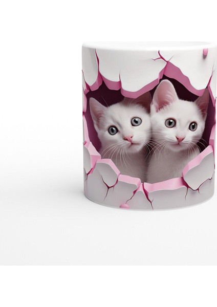 Pembe Çatlak Duvardan Bakan Iki Beyaz Kedi Temalı Baskılı Kupa Bardak