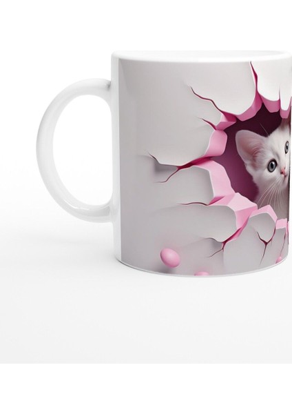 Pembe Çatlak Duvardan Bakan Iki Beyaz Kedi Temalı Baskılı Kupa Bardak fiyatları