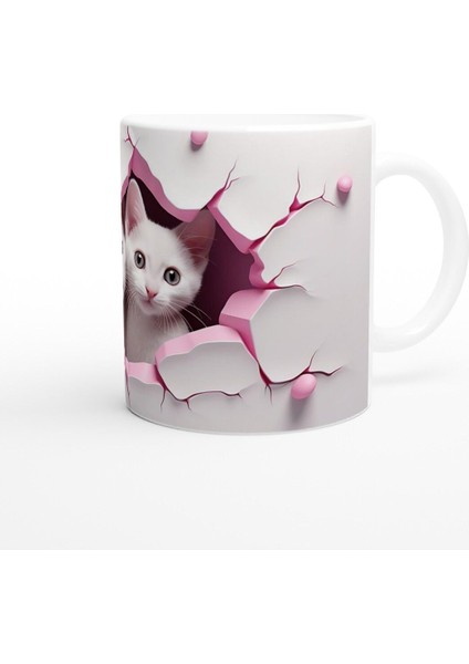 Pembe Çatlak Duvardan Bakan Iki Beyaz Kedi Temalı Baskılı Kupa Bardak modelleri