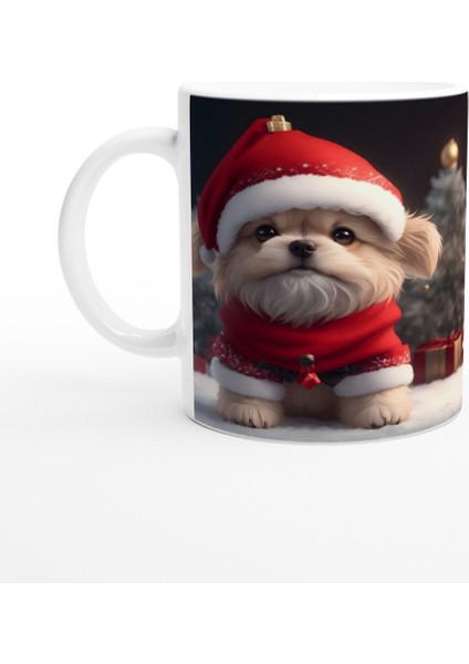 Kırmızı Şapkalı Mini Noel Köpeği Baskılı Kupa Bardak