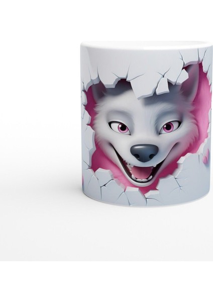 Pembe Arka Planlı Çatlak Duvardan Bakan Neşeli Kurt Temalı Baskılı Kupa Bardak