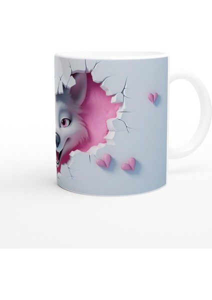 Pembe Arka Planlı Çatlak Duvardan Bakan Neşeli Kurt Temalı Baskılı Kupa Bardak modelleri