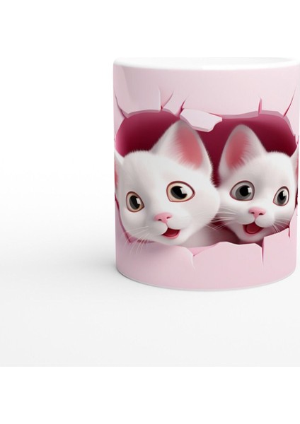Pembe Duvar Kırığından Bakan Ikiz Yavru Kediler Baskılı Kupa Bardak