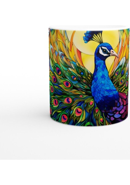 Gökkuşağı Kanatlı Tavus Kuşu Vitray Desenli Baskılı Kupa Bardak