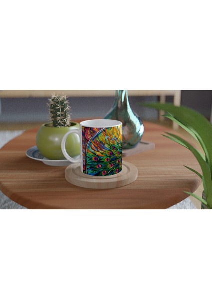 Gökkuşağı Kanatlı Tavus Kuşu Vitray Desenli Baskılı Kupa Bardak modelleri