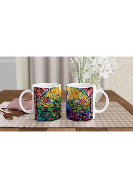 Gökkuşağı Kanatlı Tavus Kuşu Vitray Desenli Baskılı Kupa Bardak fırsatları