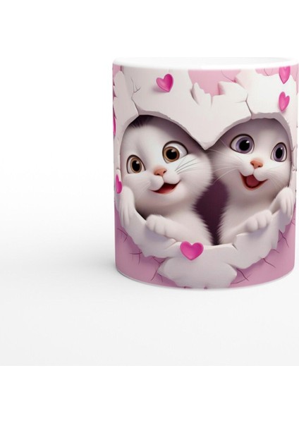 Kalp Çatlaktan Bakan Neşeli Kedi Çifti Temalı Baskılı Kupa Bardak