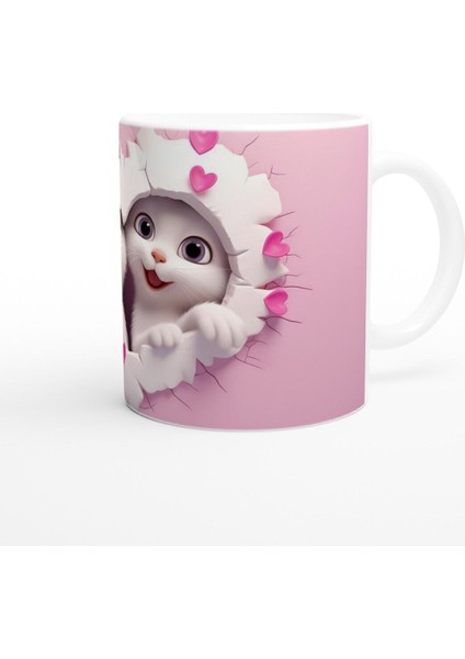 Kalp Çatlaktan Bakan Neşeli Kedi Çifti Temalı Baskılı Kupa Bardak modelleri