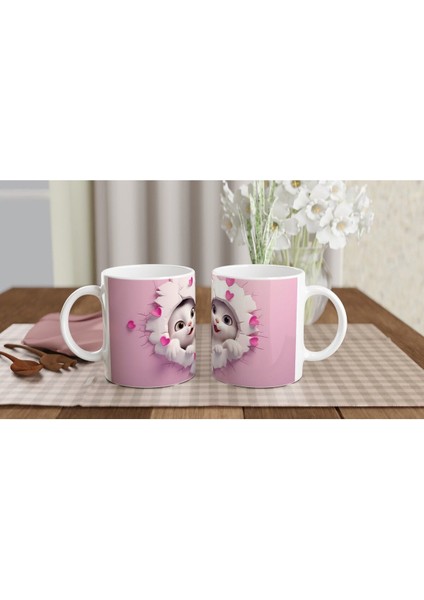 Kalp Çatlaktan Bakan Neşeli Kedi Çifti Temalı Baskılı Kupa Bardak indirimleri