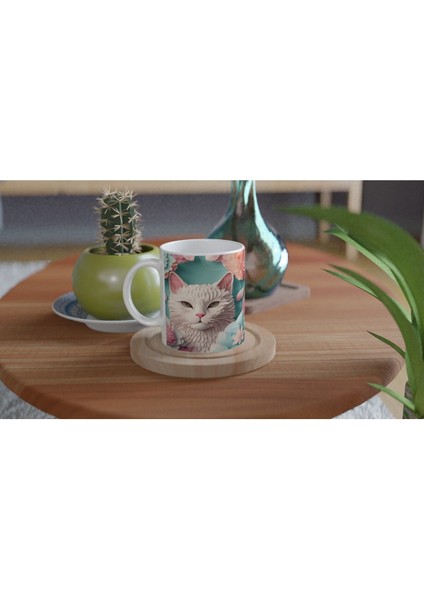 Pastel Çiçekler Arasında Bembeyaz Kedi Baskılı Kupa Bardak fırsatları