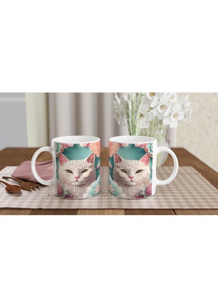 Pastel Çiçekler Arasında Bembeyaz Kedi Baskılı Kupa Bardak indirimleri