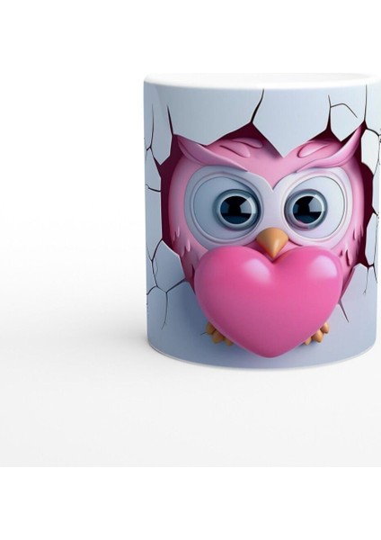 Pembe Kalp Tutan Baykuş Temalı Baskılı Kupa Bardak
