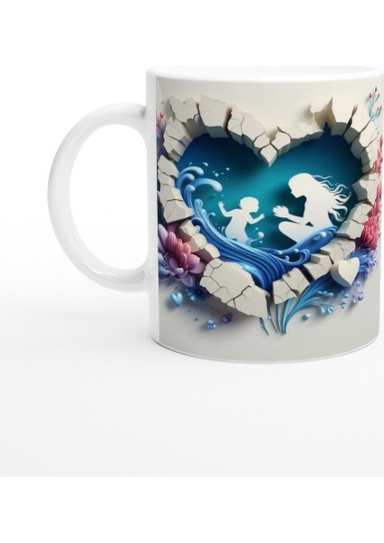 Kırık Kalp Içinde Dalgalar Arasında Anne ve Çocuk Kupa Bardak