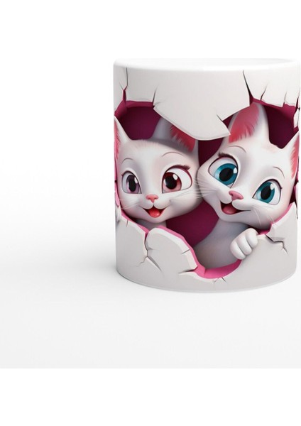 Kalp Figürlü Çatlak Duvardan Bakan Neşeli Kediler Temalı Baskılı Kupa Bardak