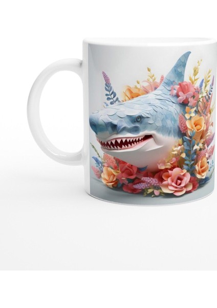 Çiçeklerle Süslenmiş Komik Köpek Balığı Temalı Renkli Kupa Bardak