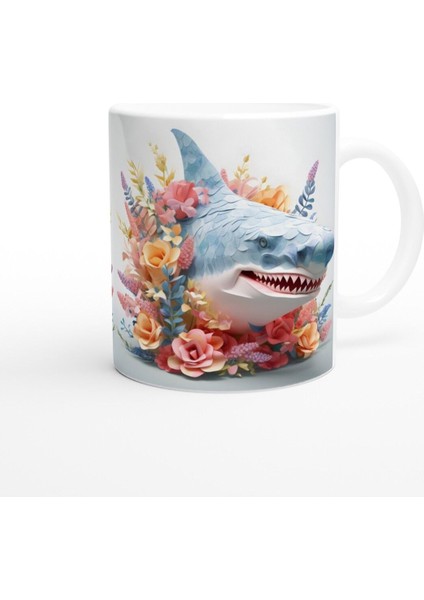 Çiçeklerle Süslenmiş Komik Köpek Balığı Temalı Renkli Kupa Bardak modelleri