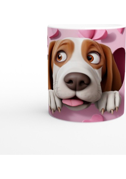 Kalpli Pembe Zeminden Bakan Sevimli Köpek Baskılı Kupa Bardak