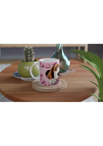 Kalpli Pembe Zeminden Bakan Sevimli Köpek Baskılı Kupa Bardak fırsatları