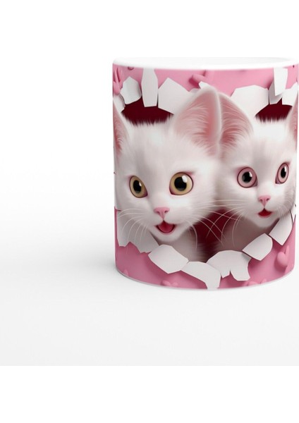 Kalp Çatlaktan Bakan Iki Sevimli Kedi Temalı Baskılı Kupa Bardak