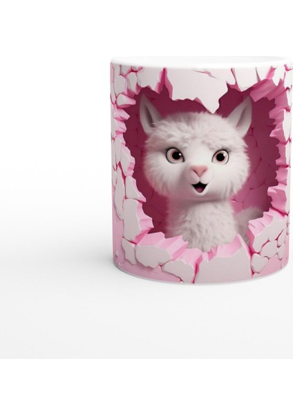 Pembe Duvarı Yırtan Sevimli Lama Temalı Baskılı Kupa Bardak