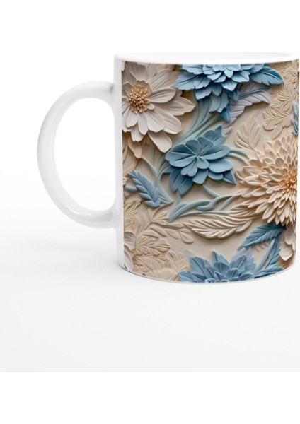 Mavi ve Krem Rölyef Çiçeklerle Süslenmiş Kupa Bardak