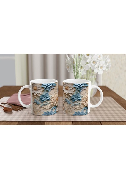 Mavi ve Krem Rölyef Çiçeklerle Süslenmiş Kupa Bardak indirimleri