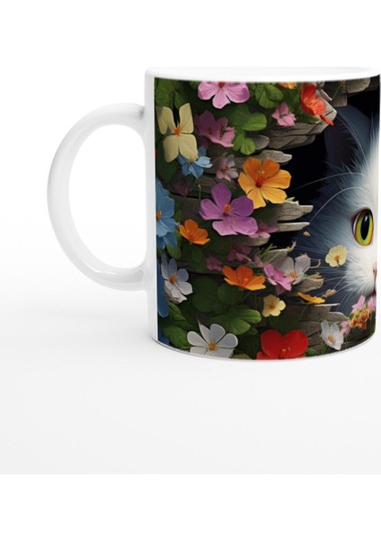 Renkli Çiçeklerle Çevrili Meraklı Kedi Baskılı Kupa Bardak fiyatları