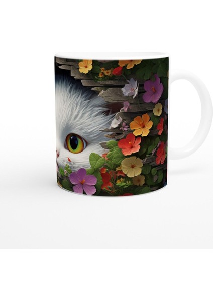 Renkli Çiçeklerle Çevrili Meraklı Kedi Baskılı Kupa Bardak modelleri