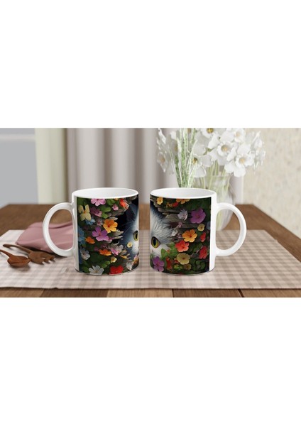 Renkli Çiçeklerle Çevrili Meraklı Kedi Baskılı Kupa Bardak indirimleri