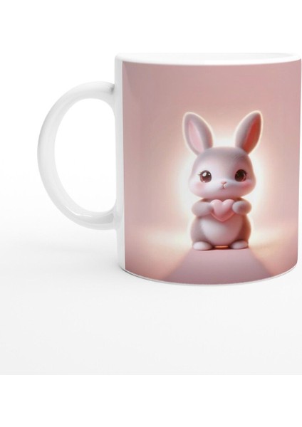 Kalpli Tavşan Figürlü Sevimli Pembe Temalı Baskılı Kupa Bardak
