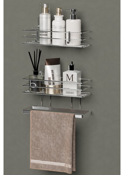 Krom Gümüş Yapışkanlı 2 Li Set Banyo Rafı ve Havluluk Raf Düzenleyici