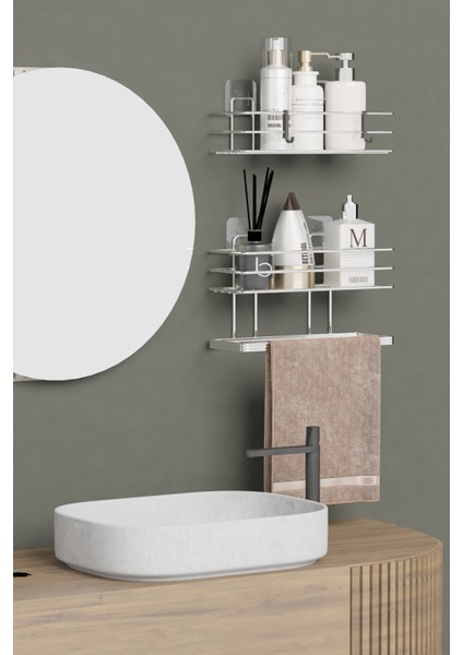 Krom Gümüş Yapışkanlı 2 Li Set Banyo Rafı ve Havluluk Raf Düzenleyici fiyatları