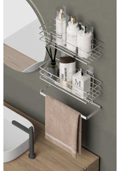 Krom Gümüş Yapışkanlı 2 Li Set Banyo Rafı ve Havluluk Raf Düzenleyici modelleri