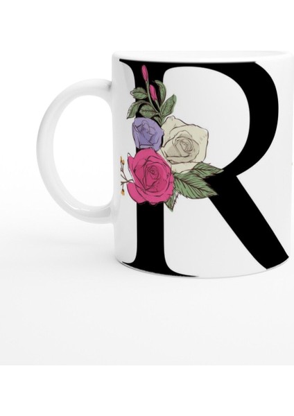 R Harfi Çiçek Süslemeli Harfli Kupa Bardak