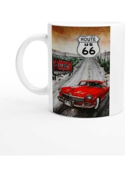 Route 66 Kırmızı Klasik Araba ve Coca Cola Temalı Kupa Bardak