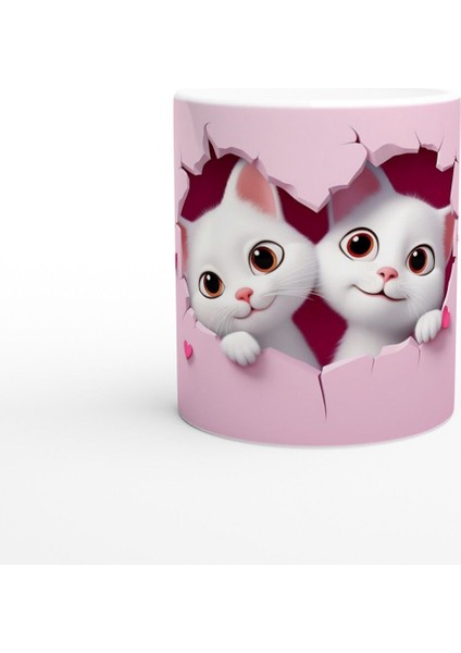 Kalpli Çatlak Duvardan Bakan Iki Sevimli Kedi Temalı Baskılı Kupa Bardak
