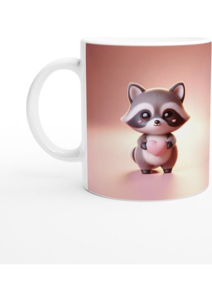 Kalpli Yanaklı Sevimli Rakun Temalı Baskılı Kupa Bardak